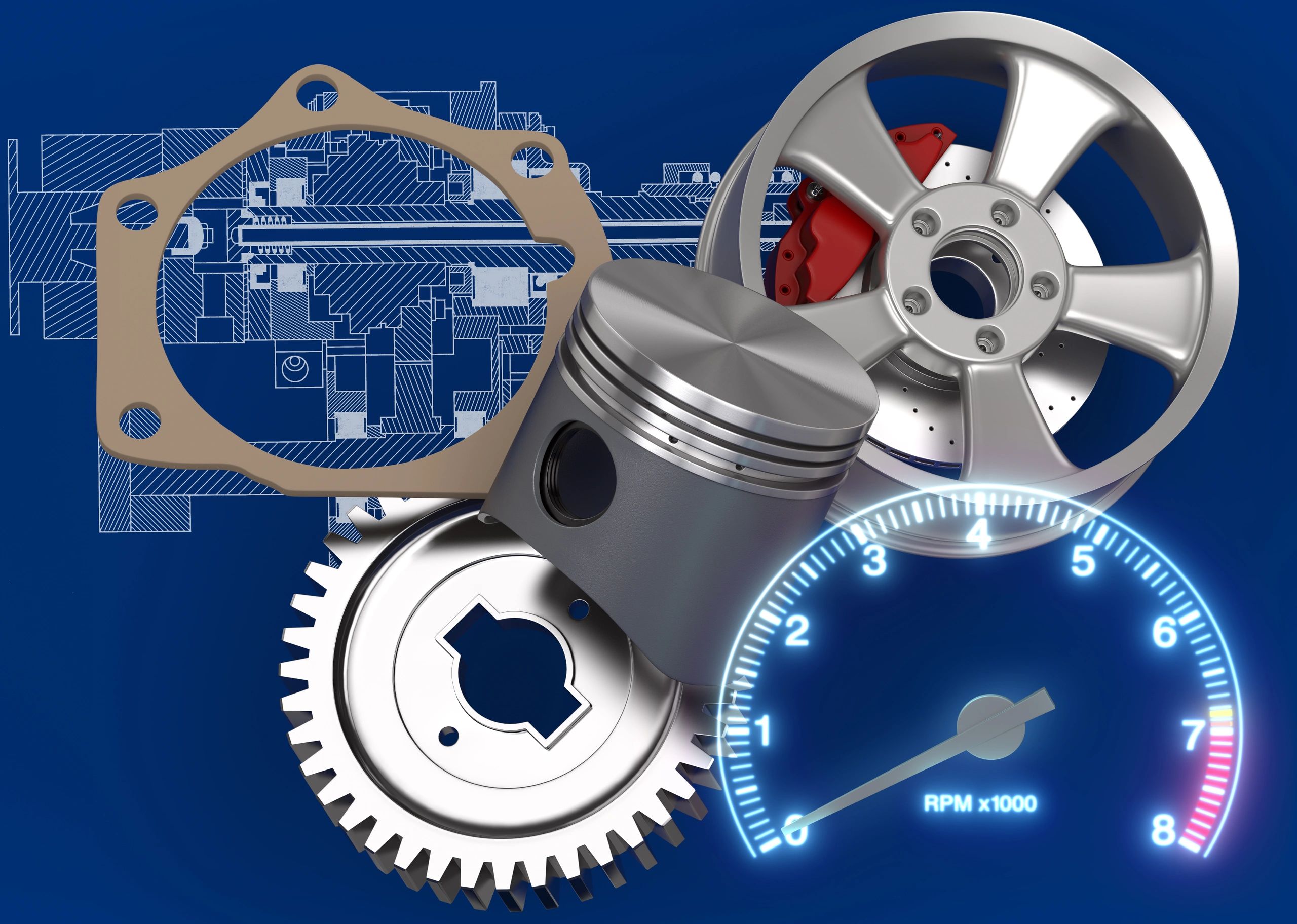 Assorted automotive parts including brake disc, gear, and piston on a work surface