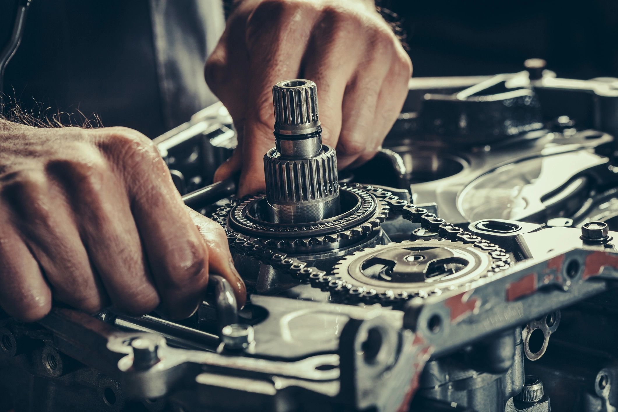 Close-up of a CVT transmission during service